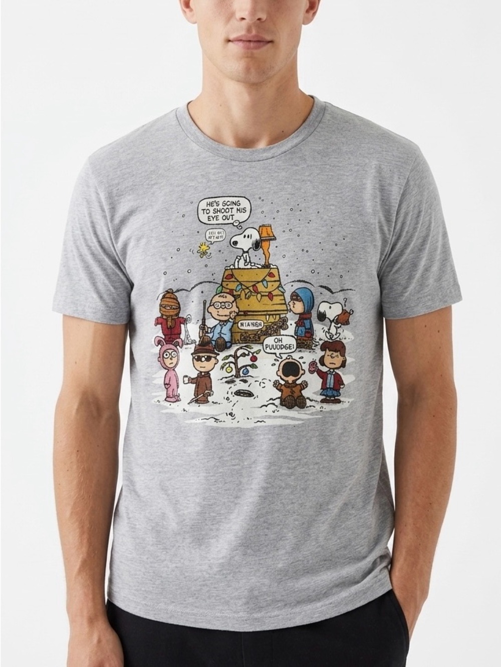 Gildan Peanuts A Christmas Story Mashup Graphic Tee XL Grey Retro Pop Culture